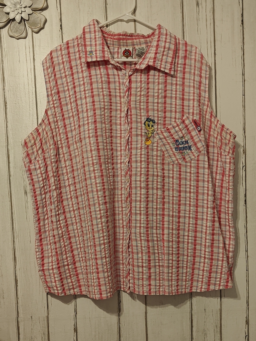 Warner Bros. Red & White Plaid Sleeveless Button-Down Shirt